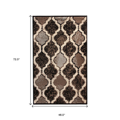 4' X 6' Chocolate Quatrefoil Power Loom Distressed Stain Resistant Area Rug