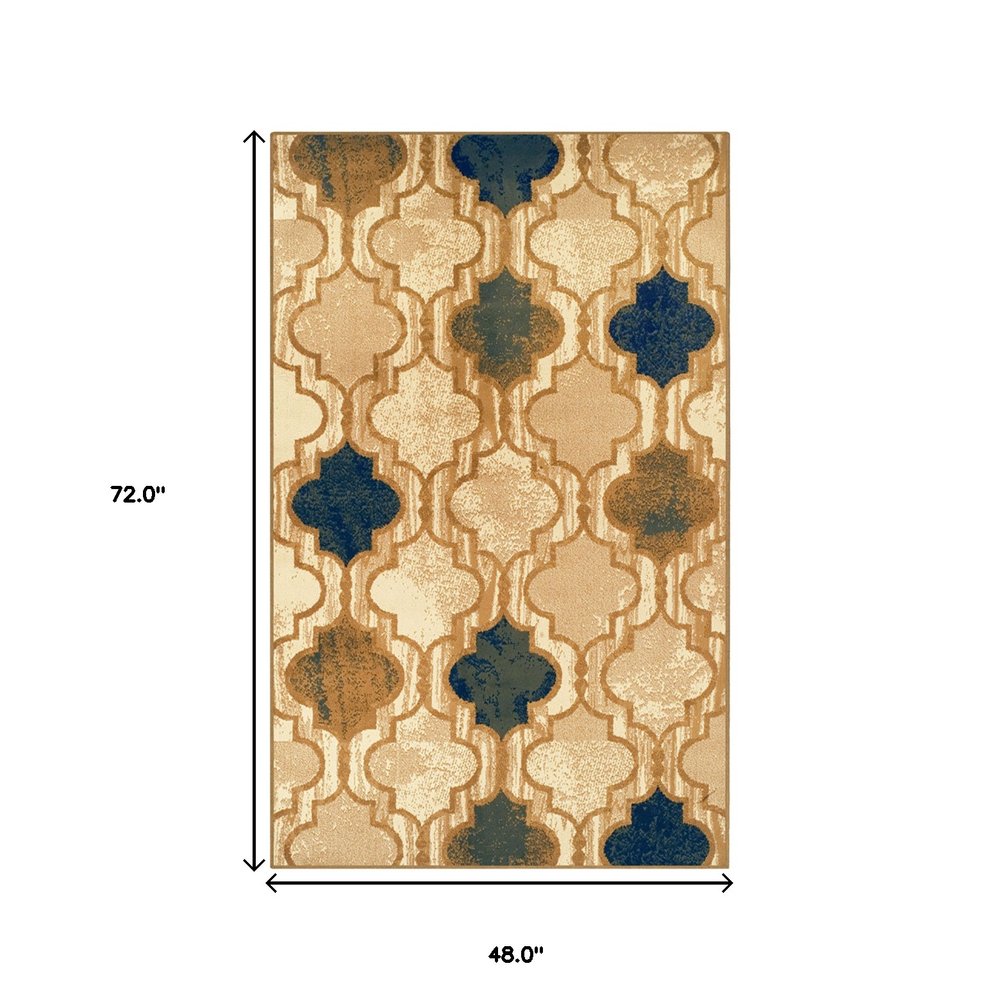 4' X 6' Cream Brown And Teal Quatrefoil Distressed Area Rug
