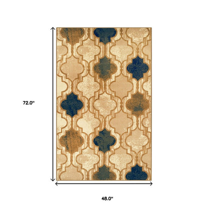 4' X 6' Cream Brown And Teal Quatrefoil Distressed Area Rug