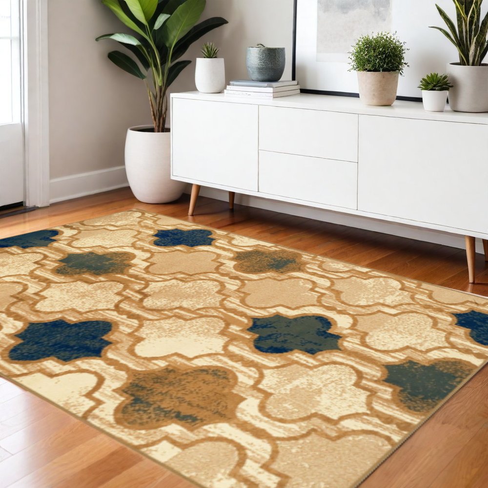 4' X 6' Cream Brown And Teal Quatrefoil Distressed Area Rug