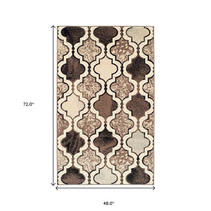 4' X 6' Ivory Brown And Black Quatrefoil Distressed Area Rug