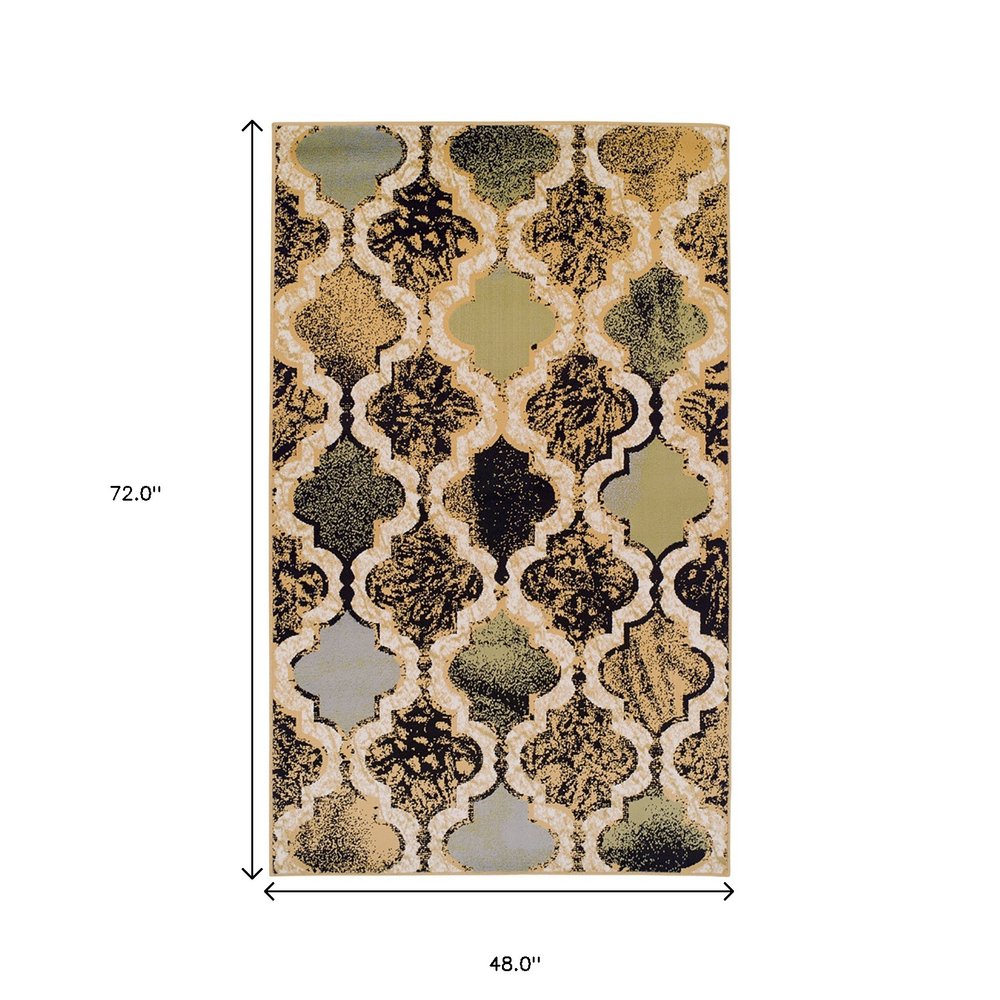 4' X 6' Black And Ivory Quatrefoil Distressed Area Rug
