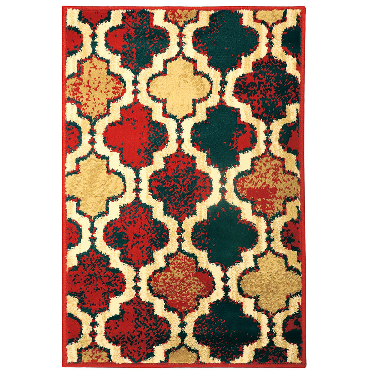 4' X 6' Red Blue Quatrefoil Power Loom Distressed Stain Resistant Area Rug