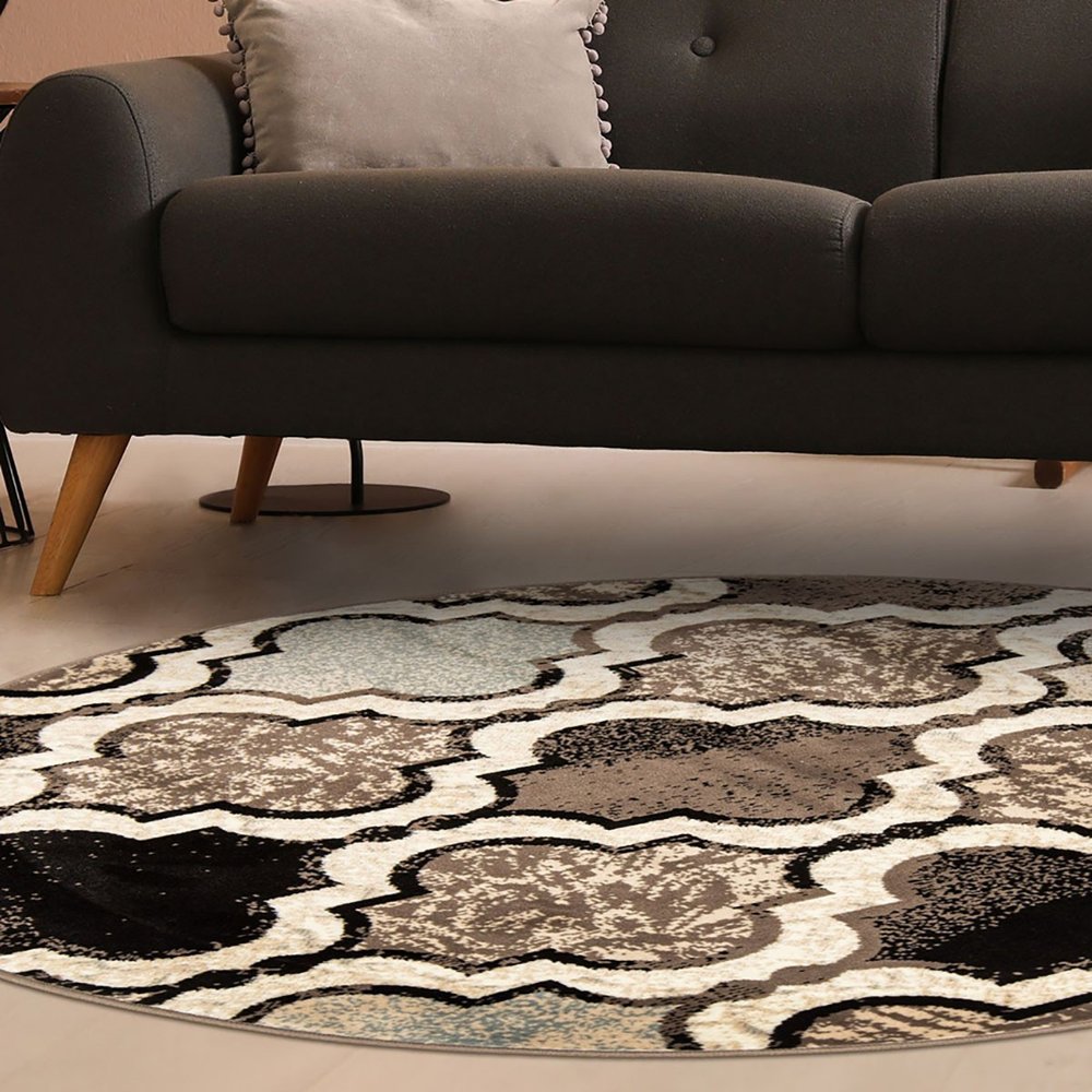 5' Ivory Brown And Black Quatrefoil Distressed Round Rug