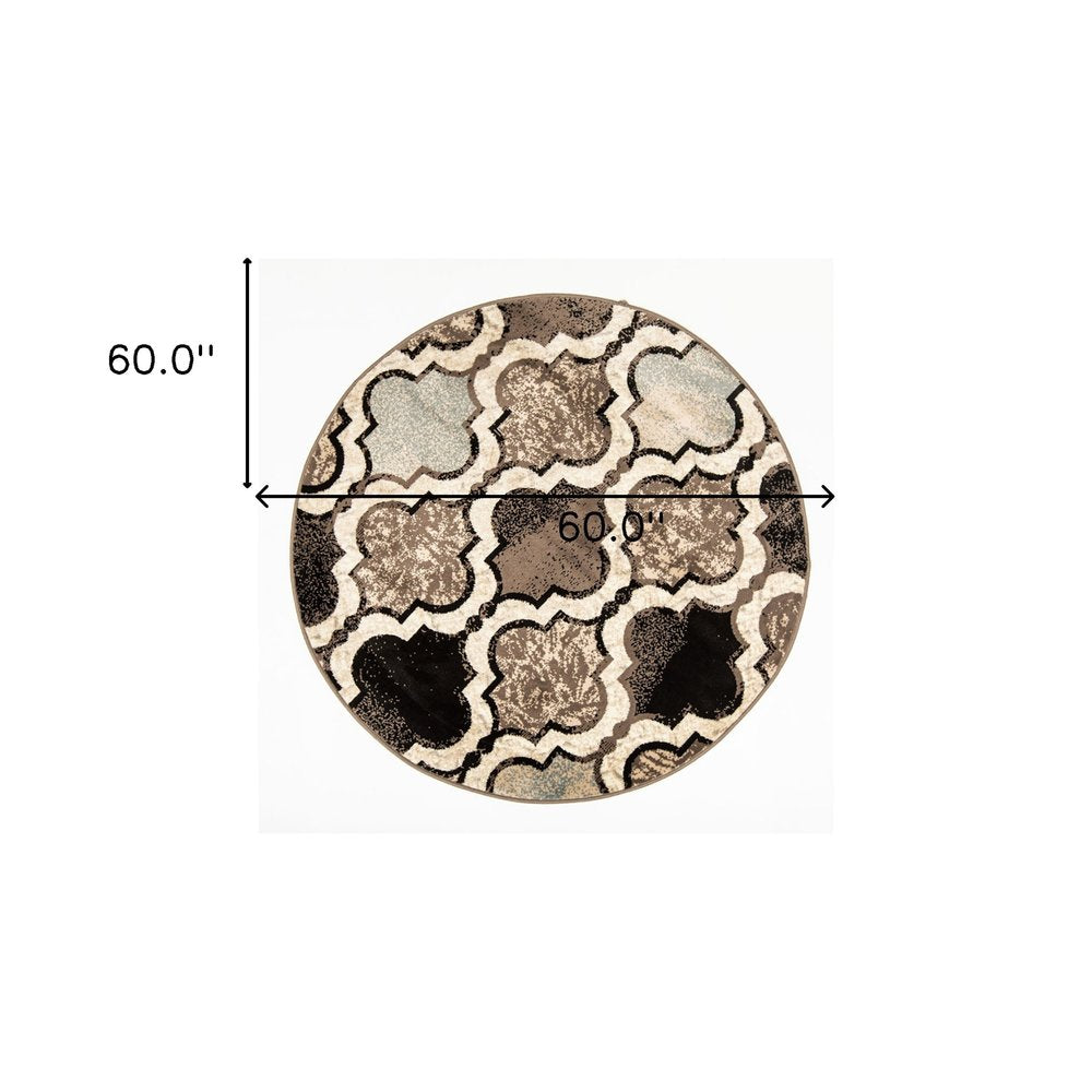 5' Ivory Brown And Black Quatrefoil Distressed Round Rug