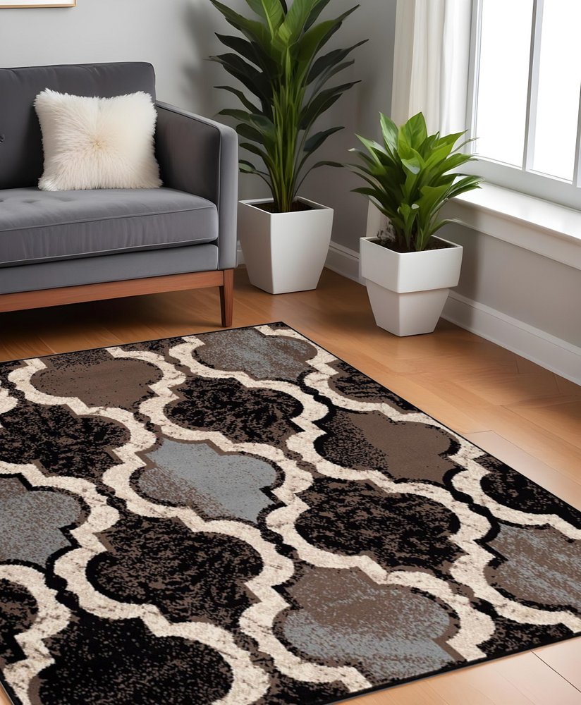 5' Brown Black And Ivory Quatrefoil Distressed Square Rug