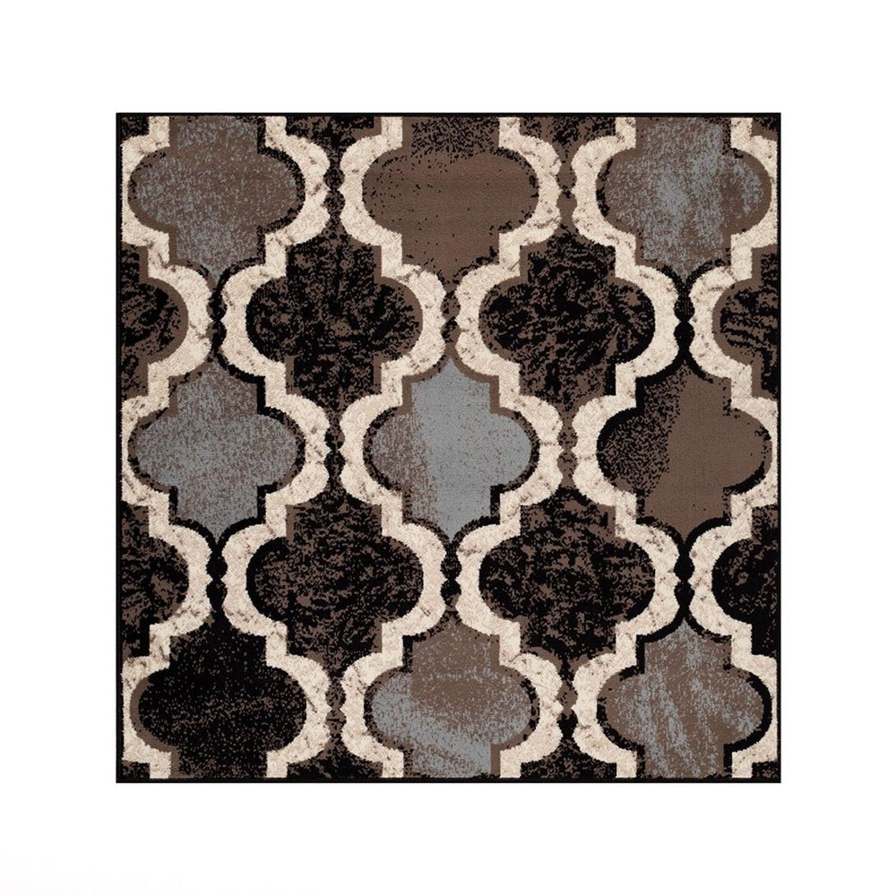 5' Brown Black And Ivory Quatrefoil Distressed Square Rug