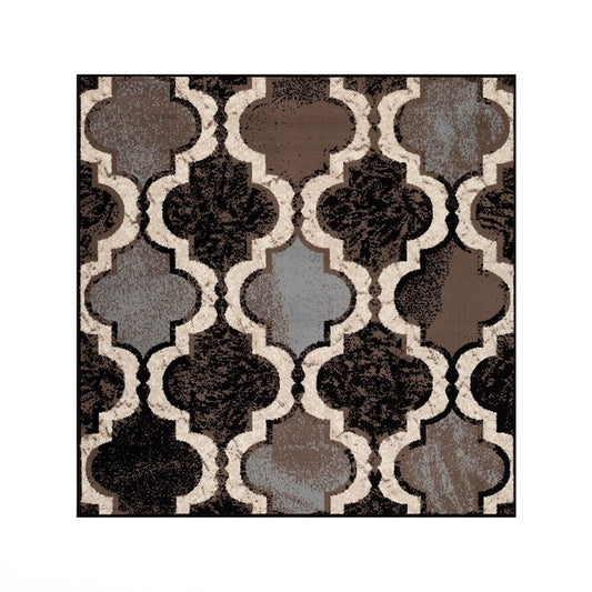 5' Brown Black And Ivory Quatrefoil Distressed Square Rug