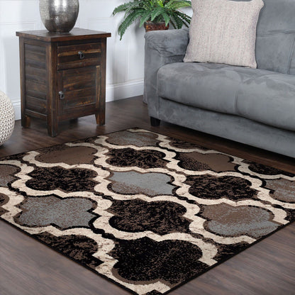 5' Square Chocolate Square Quatrefoil Power Loom Distressed Stain Resistant Area Rug