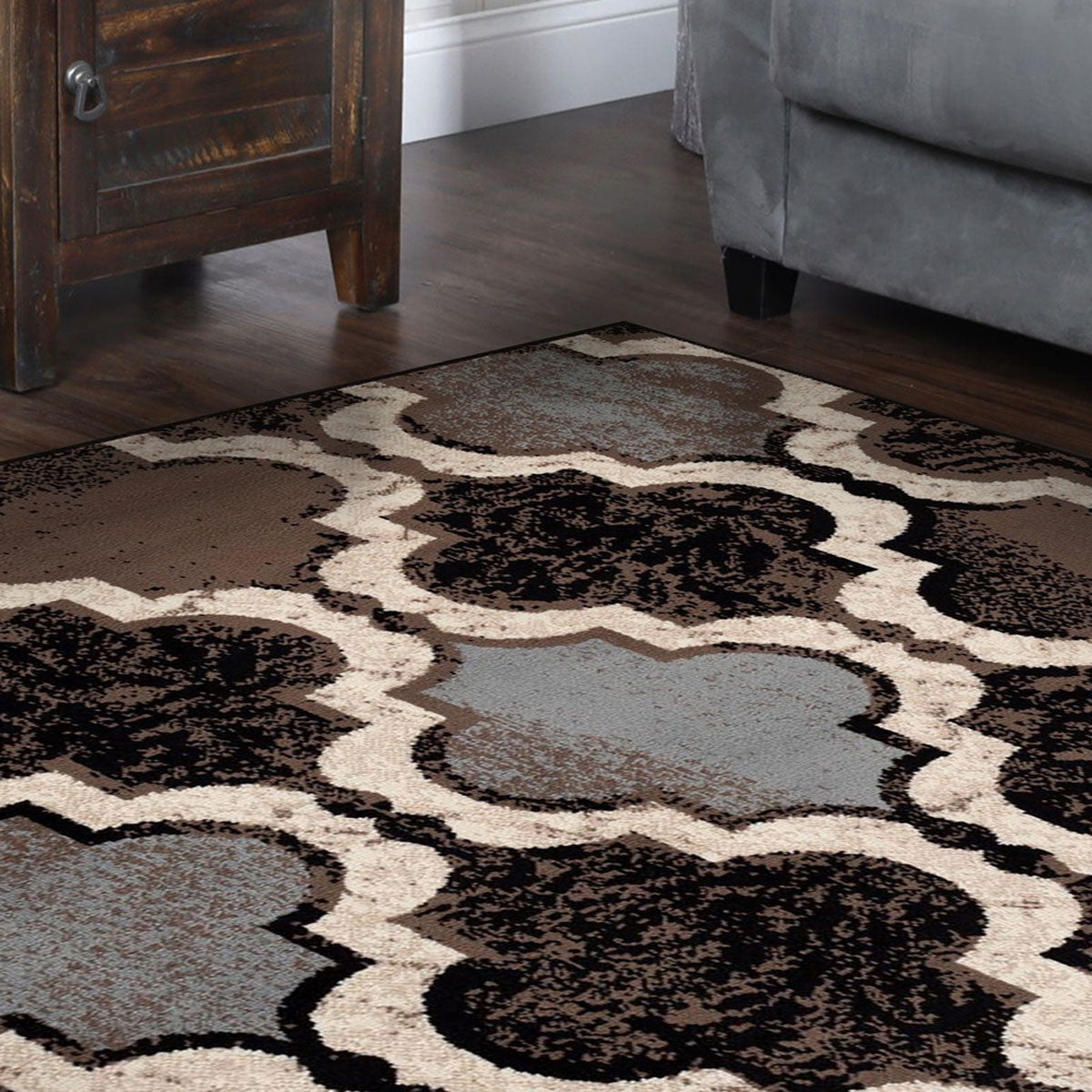 5' Square Chocolate Square Quatrefoil Power Loom Distressed Stain Resistant Area Rug