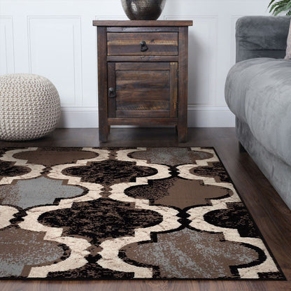 5' Square Chocolate Square Quatrefoil Power Loom Distressed Stain Resistant Area Rug