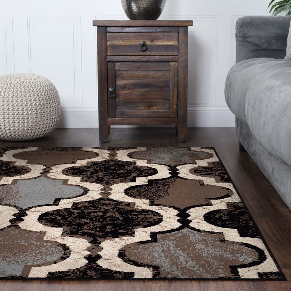 5' Brown Black And Ivory Quatrefoil Distressed Square Rug