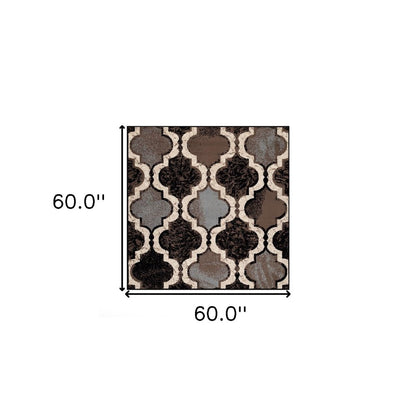 5' Brown Black And Ivory Quatrefoil Distressed Square Rug