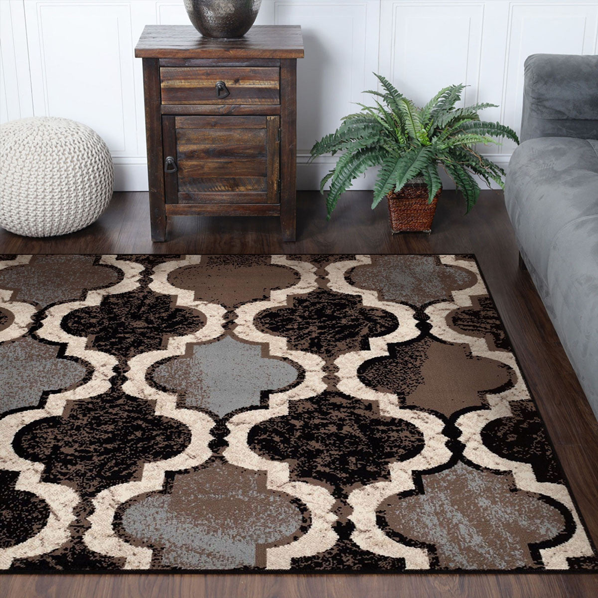 5' Square Chocolate Square Quatrefoil Power Loom Distressed Stain Resistant Area Rug