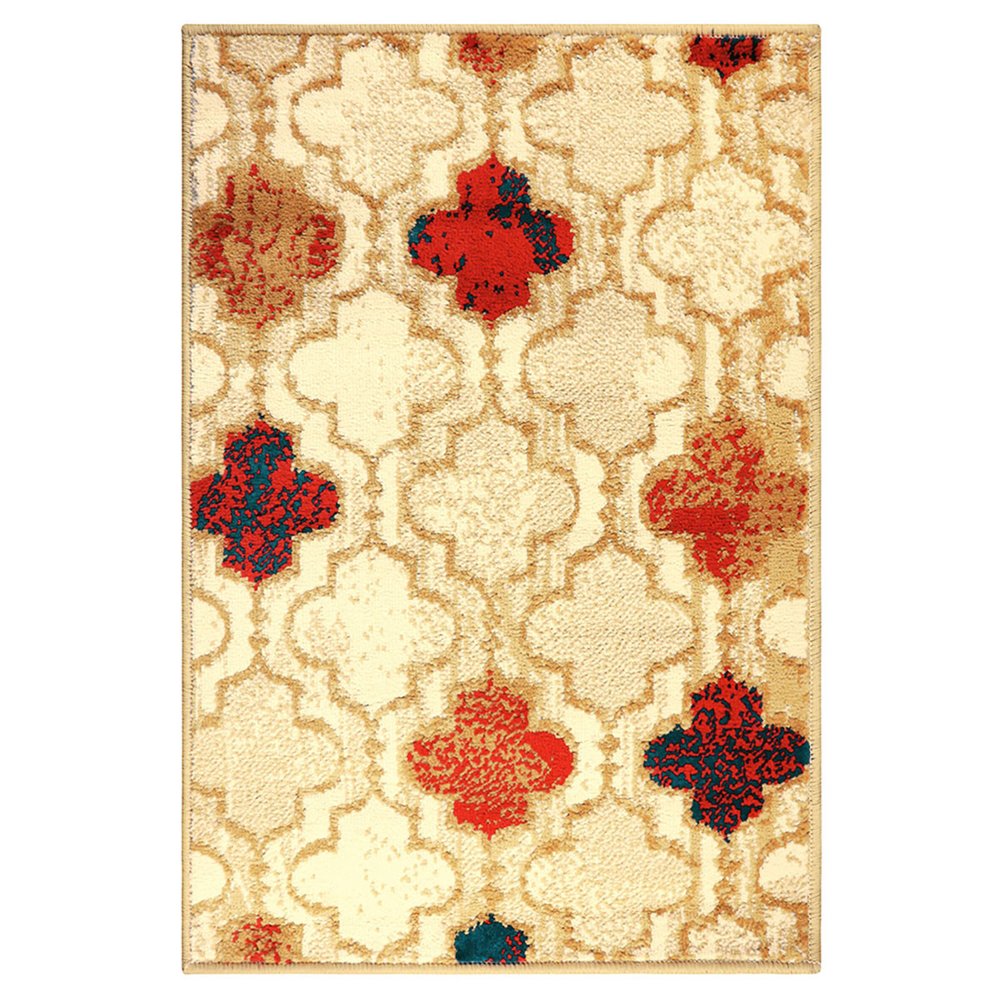 5' X 8' Beige Brown And Red Quatrefoil Distressed Area Rug