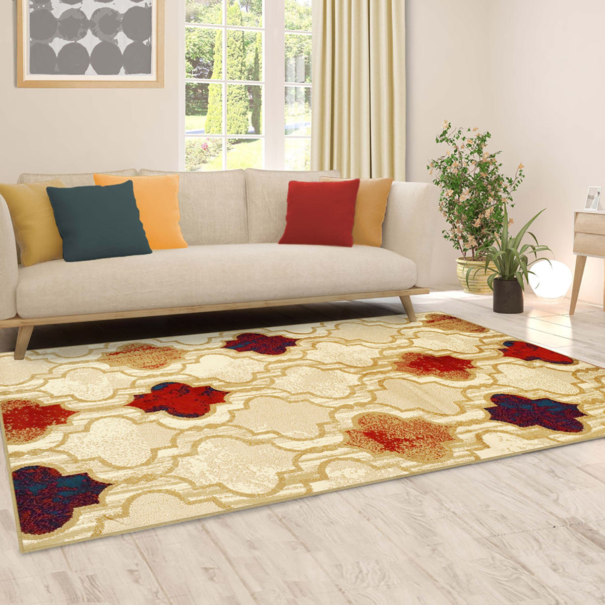 5' X 8' Beige Quatrefoil Power Loom Distressed Stain Resistant Area Rug