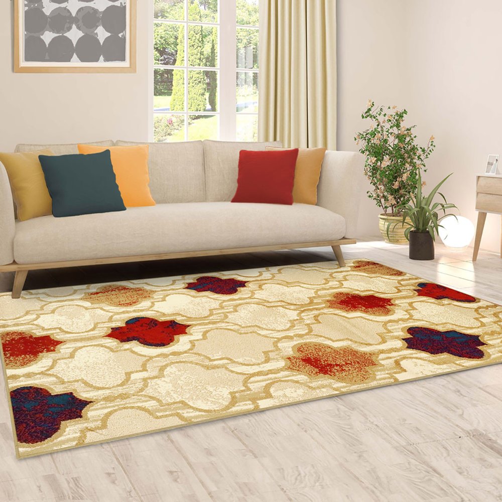 5' X 8' Beige Brown And Red Quatrefoil Distressed Area Rug