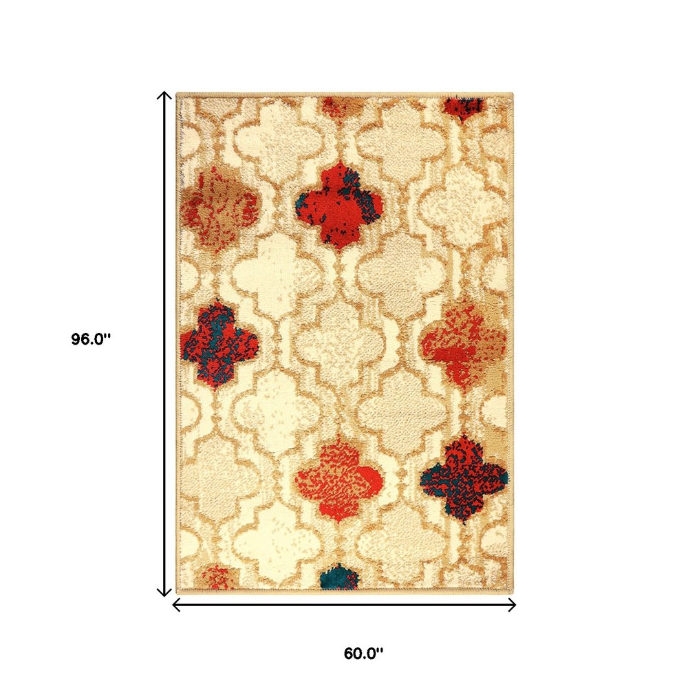 5' X 8' Beige Brown And Red Quatrefoil Distressed Area Rug