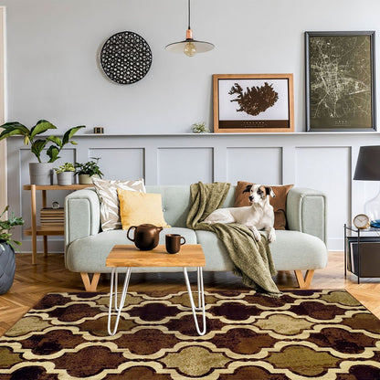 5' X 8' Coffee Beige And Black Quatrefoil Distressed Area Rug