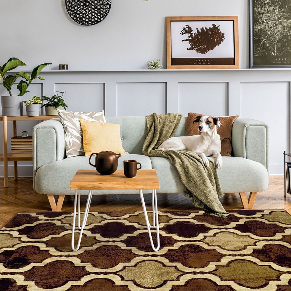 5' X 8' Coffee Beige And Black Quatrefoil Distressed Area Rug