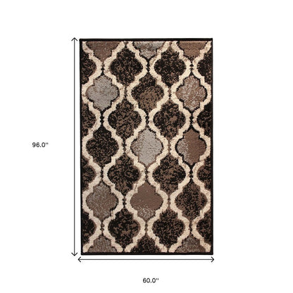 5' X 8' Brown Black And Ivory Quatrefoil Distressed Area Rug