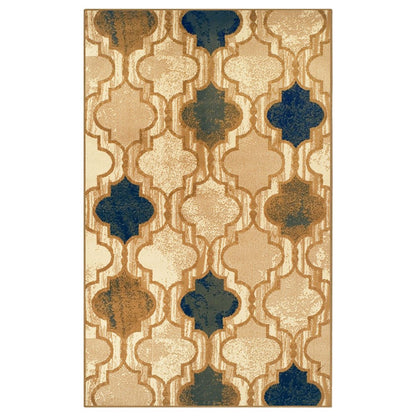 5' X 8' Cream Brown And Teal Quatrefoil Distressed Area Rug
