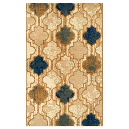 5' X 8' Cream Brown And Teal Quatrefoil Distressed Area Rug