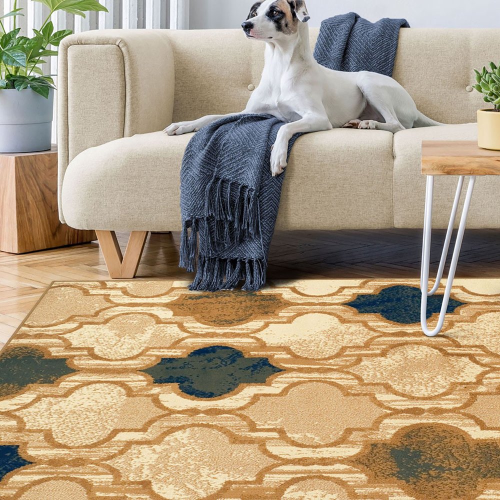 5' X 8' Cream Brown And Teal Quatrefoil Distressed Area Rug
