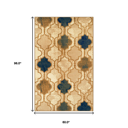 5' X 8' Cream Quatrefoil Power Loom Distressed Stain Resistant Area Rug