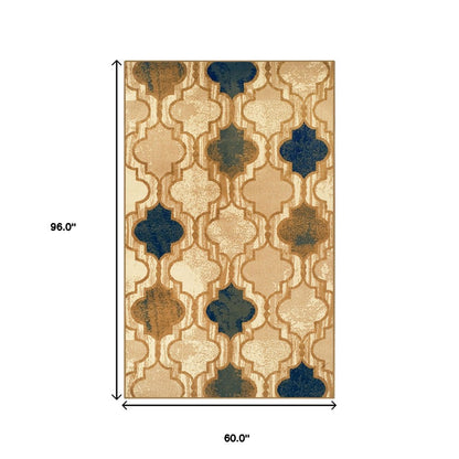 5' X 8' Cream Brown And Teal Quatrefoil Distressed Area Rug
