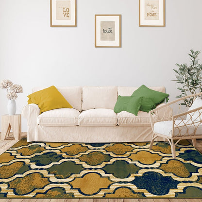 5' X 8' Green Brown And Ivory Quatrefoil Distressed Area Rug