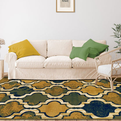 5' X 8' Green Brown And Ivory Quatrefoil Distressed Area Rug