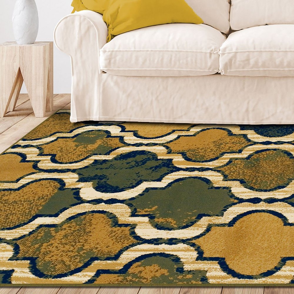 5' X 8' Green Brown And Ivory Quatrefoil Distressed Area Rug