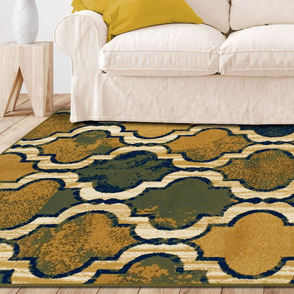 5' X 8' Green Brown And Ivory Quatrefoil Distressed Area Rug