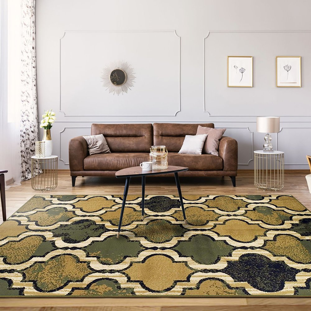 5' X 8' Green Brown And Ivory Quatrefoil Distressed Area Rug