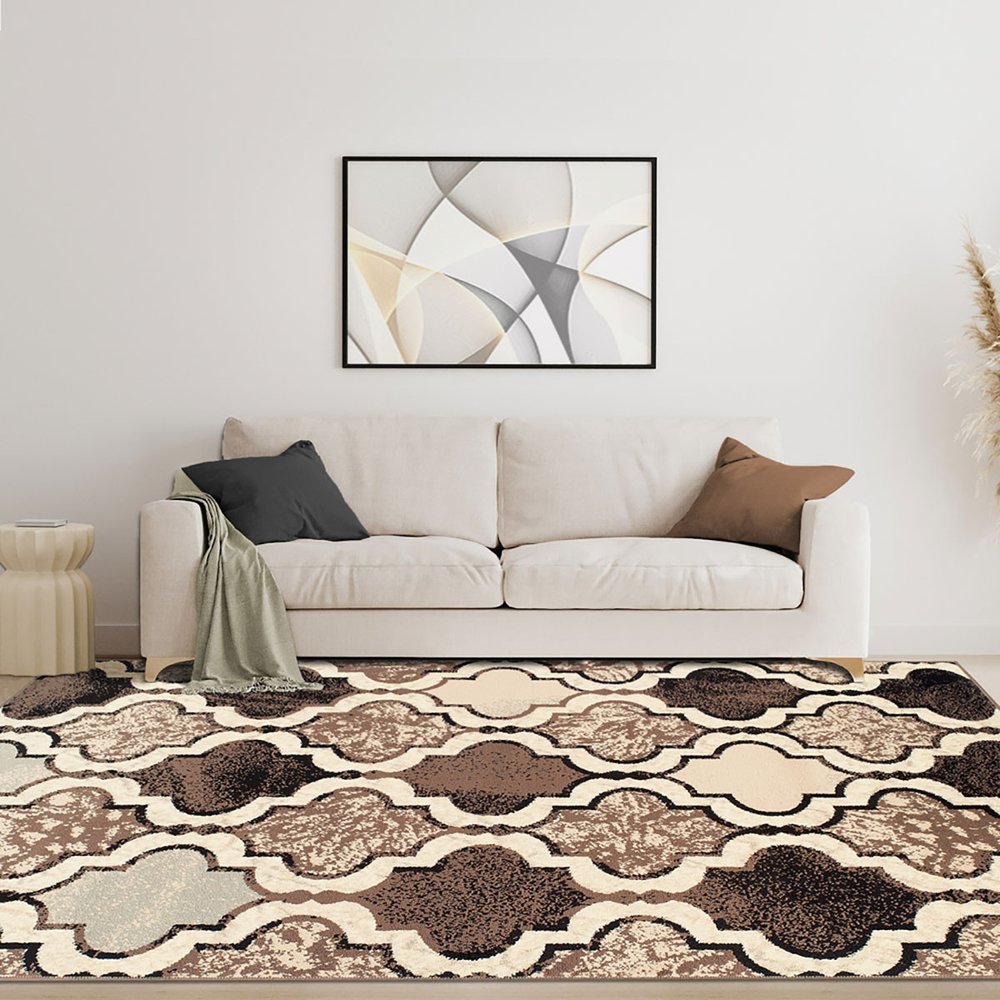 5' X 8' Ivory Brown And Black Quatrefoil Distressed Area Rug