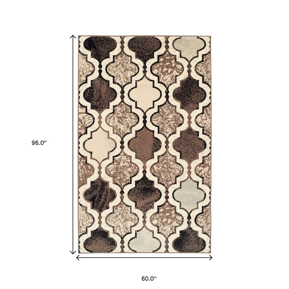 5' X 8' Ivory Brown And Black Quatrefoil Distressed Area Rug
