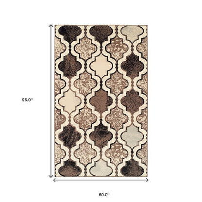 5' X 8' Ivory Brown And Black Quatrefoil Distressed Area Rug