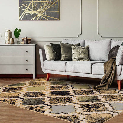 5' X 8' Black And Ivory Quatrefoil Distressed Area Rug