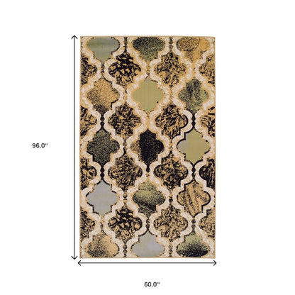 5' X 8' Black And Ivory Quatrefoil Distressed Area Rug