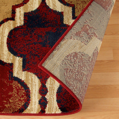 5' X 8' Red Blue Quatrefoil Power Loom Distressed Stain Resistant Area Rug