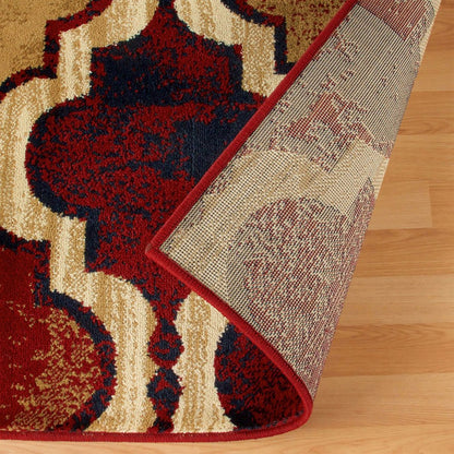 5' X 8' Blue And Red Quatrefoil Distressed Area Rug