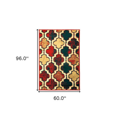 5' X 8' Blue And Red Quatrefoil Distressed Area Rug
