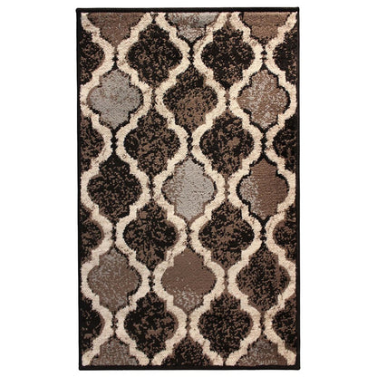 6' X 9' Brown Black And Ivory Quatrefoil Distressed Area Rug