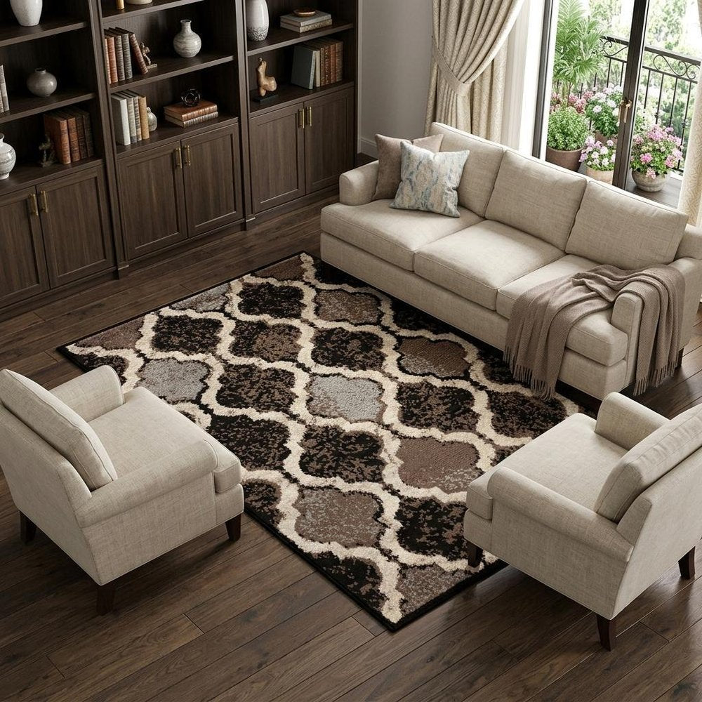 6' X 9' Brown Black And Ivory Quatrefoil Distressed Area Rug