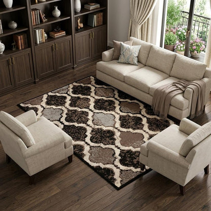 6' X 9' Brown Black And Ivory Quatrefoil Distressed Area Rug
