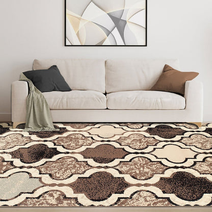 6' X 9' Ivory Brown And Black Quatrefoil Distressed Area Rug