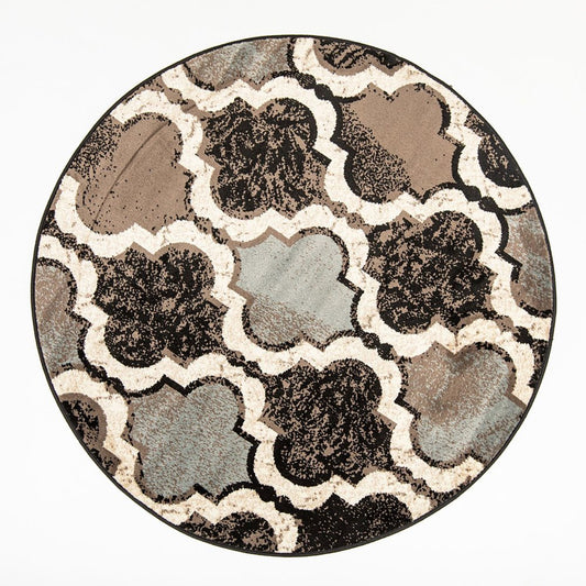 8' Chocolate Quatrefoil Distressed Round Rug