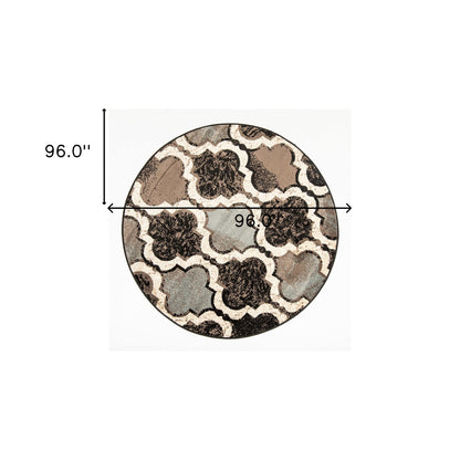 8' Round Chocolate Round Quatrefoil Power Loom Distressed Stain Resistant Area Rug