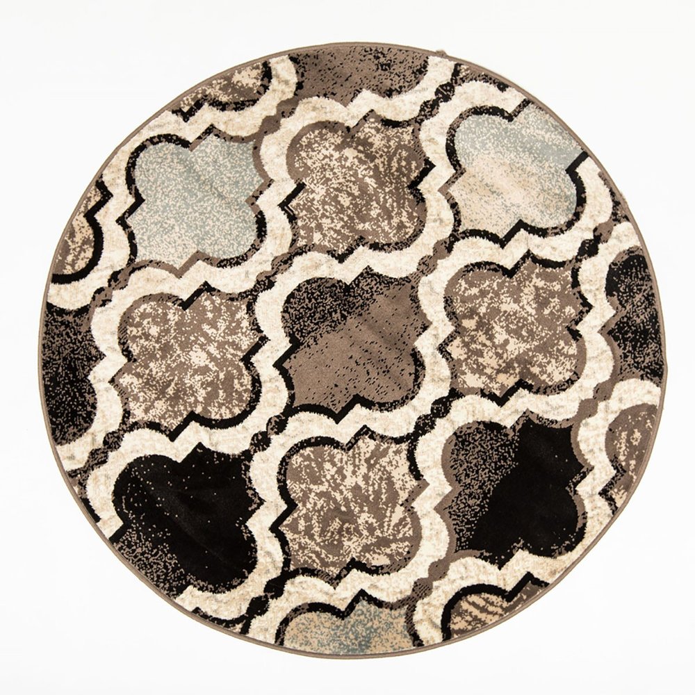 8' Ivory Brown And Black Quatrefoil Distressed Round Rug